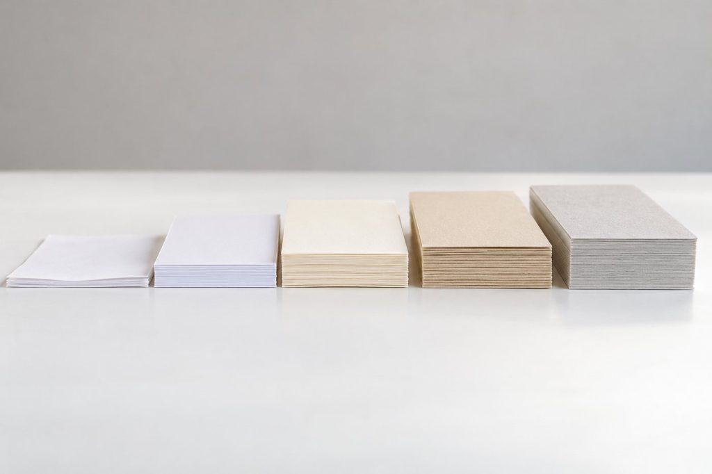 Feuilles de papier de différents grammages empilées et vues de profil