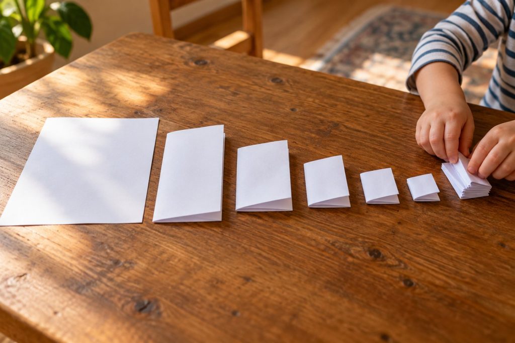 Feuille de papier pliée plusieurs fois sur une table, illustrant le défi du pliage