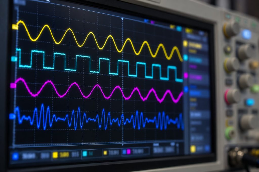 Écran d'oscilloscope affichant plusieurs signaux de couleurs différentes sur quatre voies