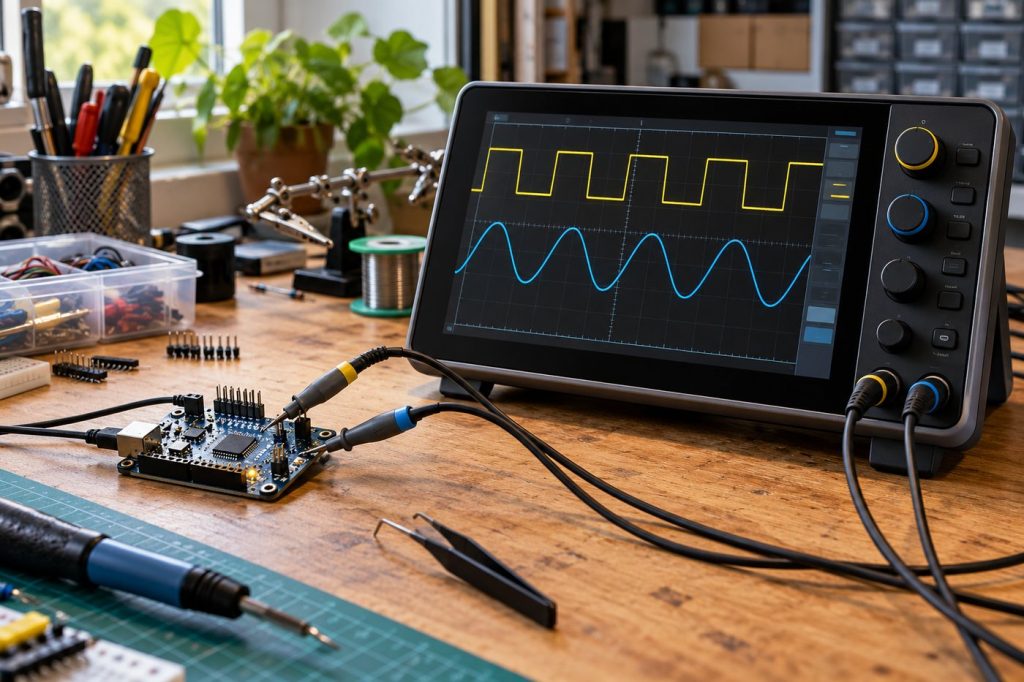 Oscilloscope numérique allumé sur un établi d'électronique avec une carte en cours de mesure
