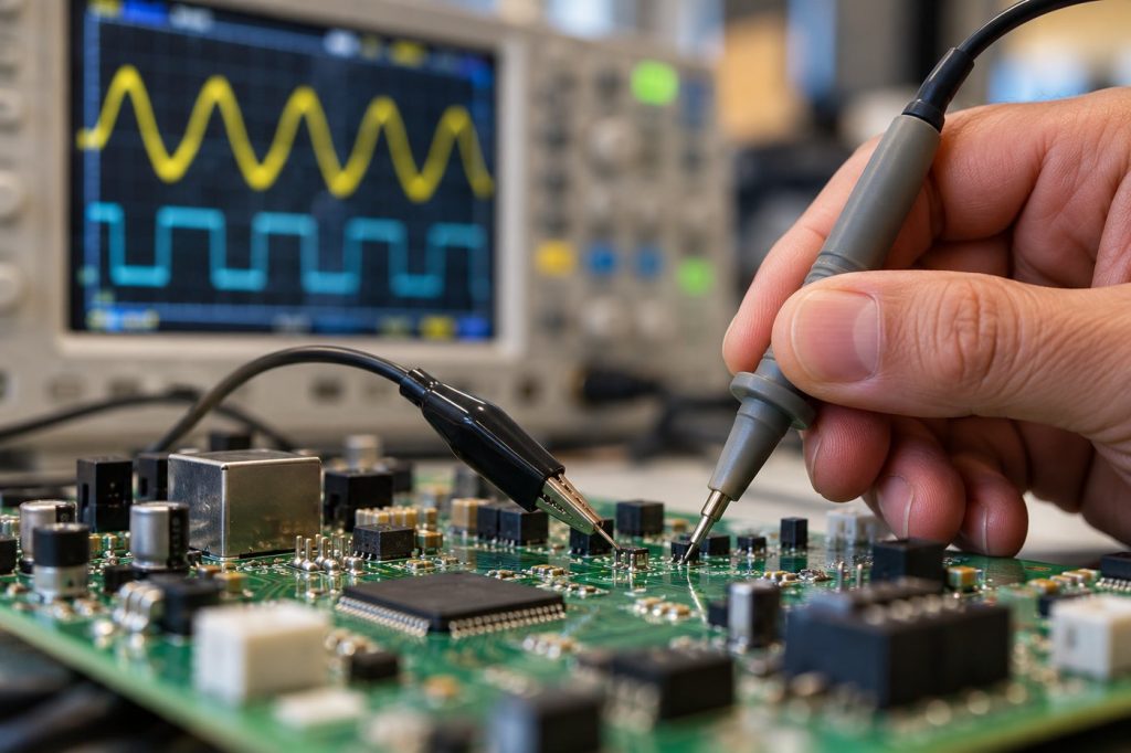 Mesure d'un signal avec une sonde d'oscilloscope sur un circuit électronique