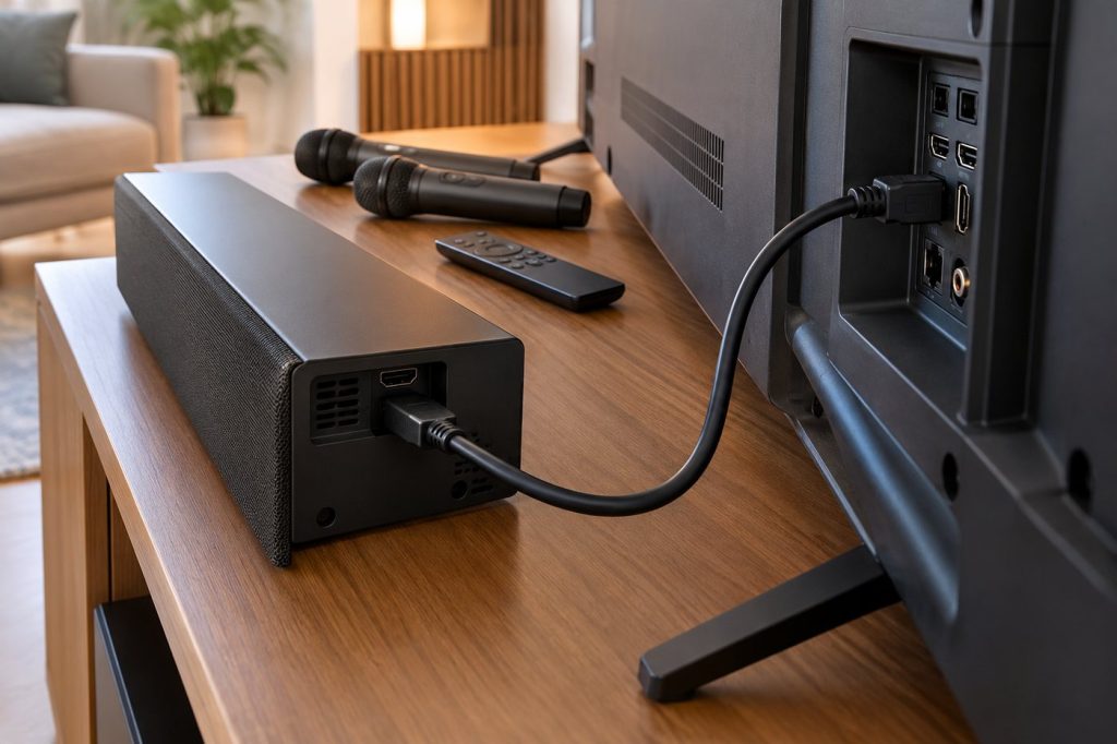 Barre de son karaoké branchée à la télévision avec un câble HDMI et deux micros posés à côté