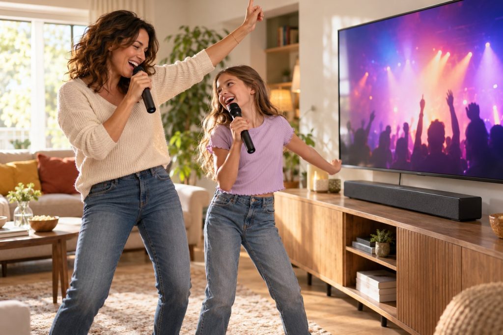 Famille qui chante au karaoké devant la télévision avec une barre de son et des micros sans fil