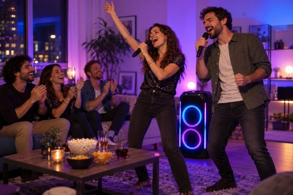 Soirée karaoké entre amis avec une enceinte de fête et deux micros sans fil