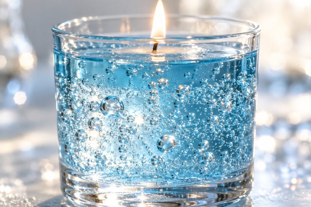 Bougie gel bleu clair remplie de petites bulles d'air prisonnières, éclairée par l'arrière