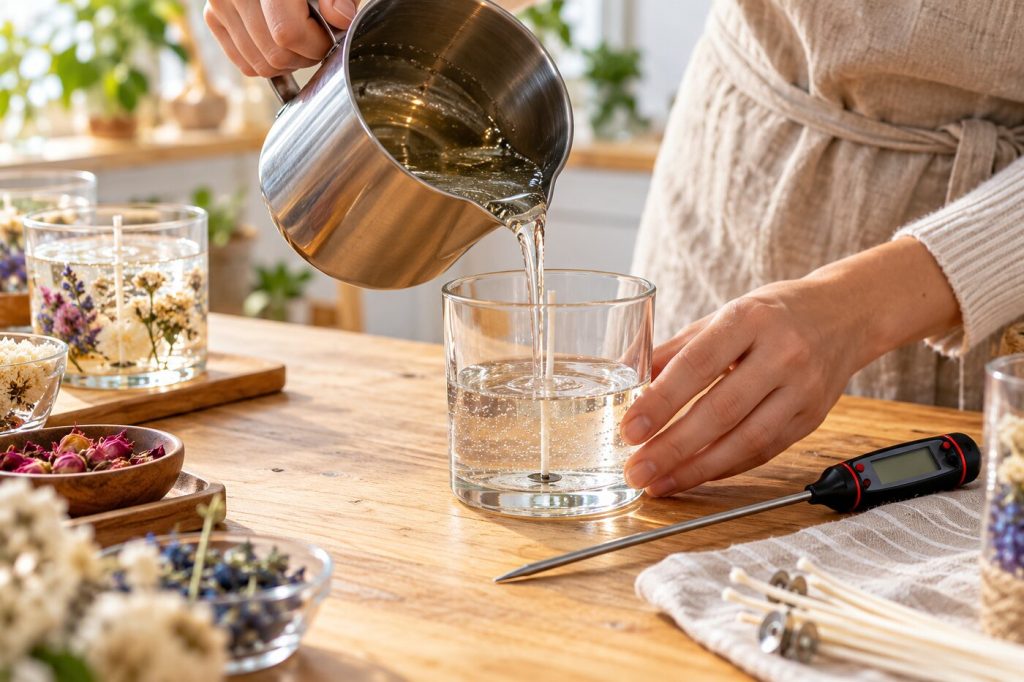 Mains qui versent lentement du gel de bougie fondu dans un verre, avec un thermomètre à côté