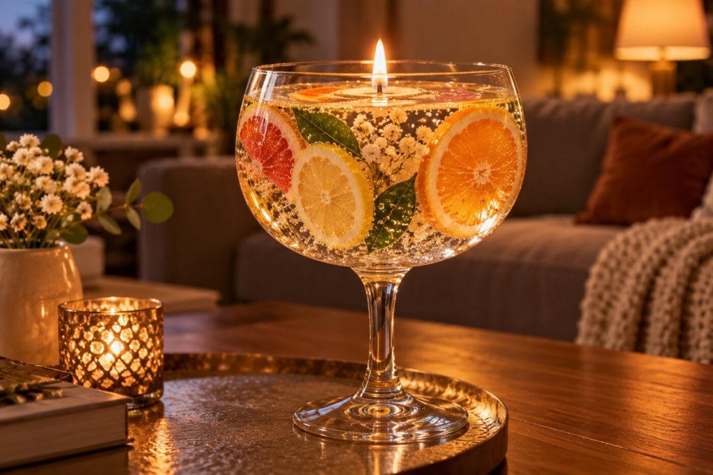 Bougie gel parfaitement transparente dans un verre à pied, avec de fausses tranches d'agrumes, allumée le soir