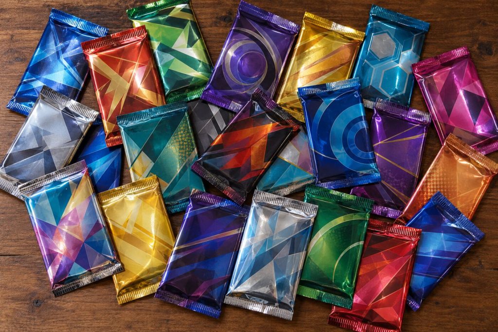 Pile de paquets de cartes génériques scellés en vrac sur une table