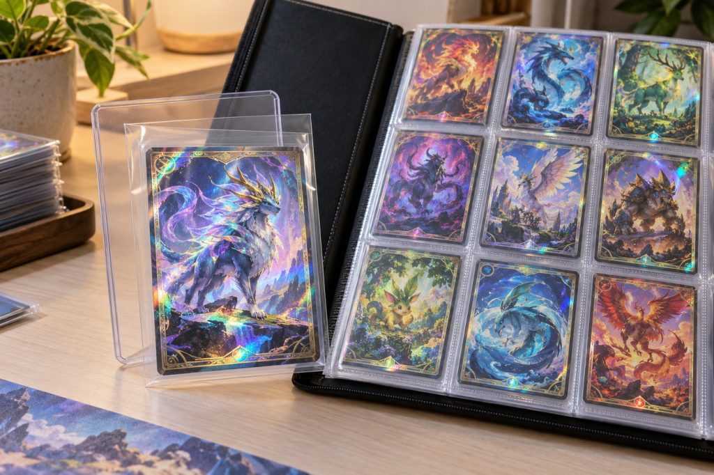 Carte Pokémon protégée dans une pochette souple et un toploader rigide