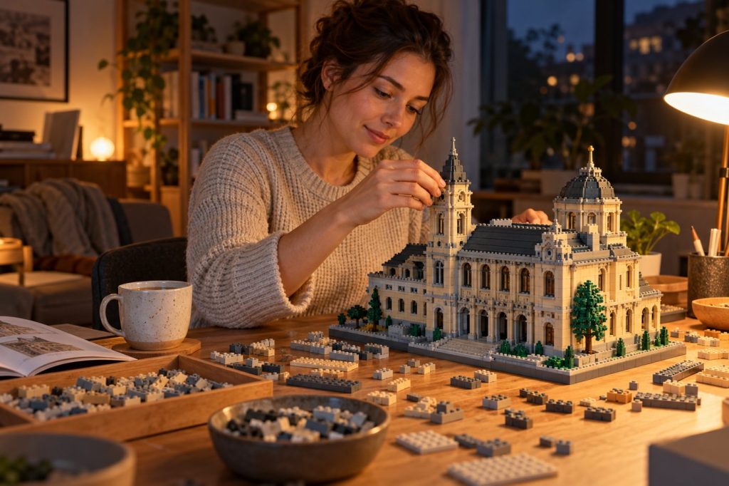 Femme adulte qui assemble tranquillement une grande maquette en briques à son bureau le soir