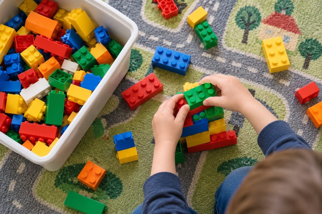 Mains d'un enfant qui assemble de grosses briques de construction colorées sur un tapis de jeu