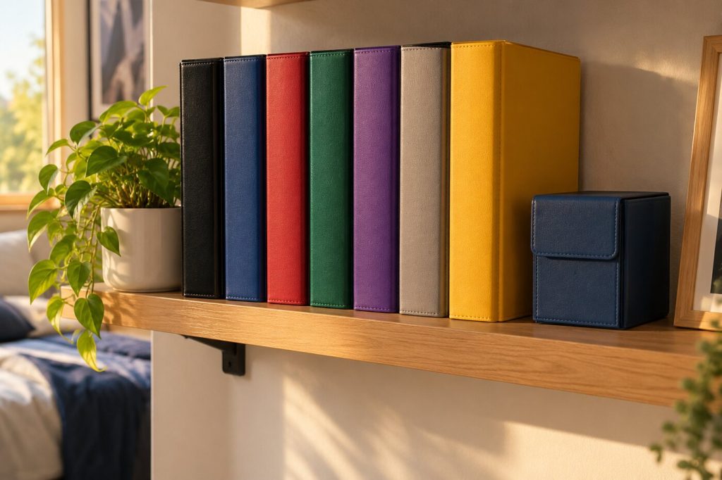 Étagère murale avec une rangée de classeurs de cartes de couleurs différentes rangés debout