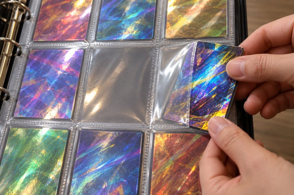 Doigts qui glissent une carte par le côté dans une pochette transparente d'une page de classeur à 9 cases