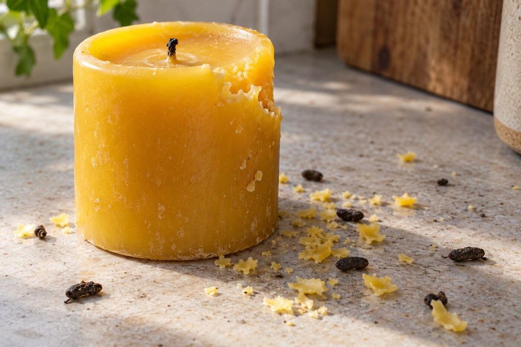 Bougie en cire d'abeille avec des traces de dents de souris et des copeaux de cire autour