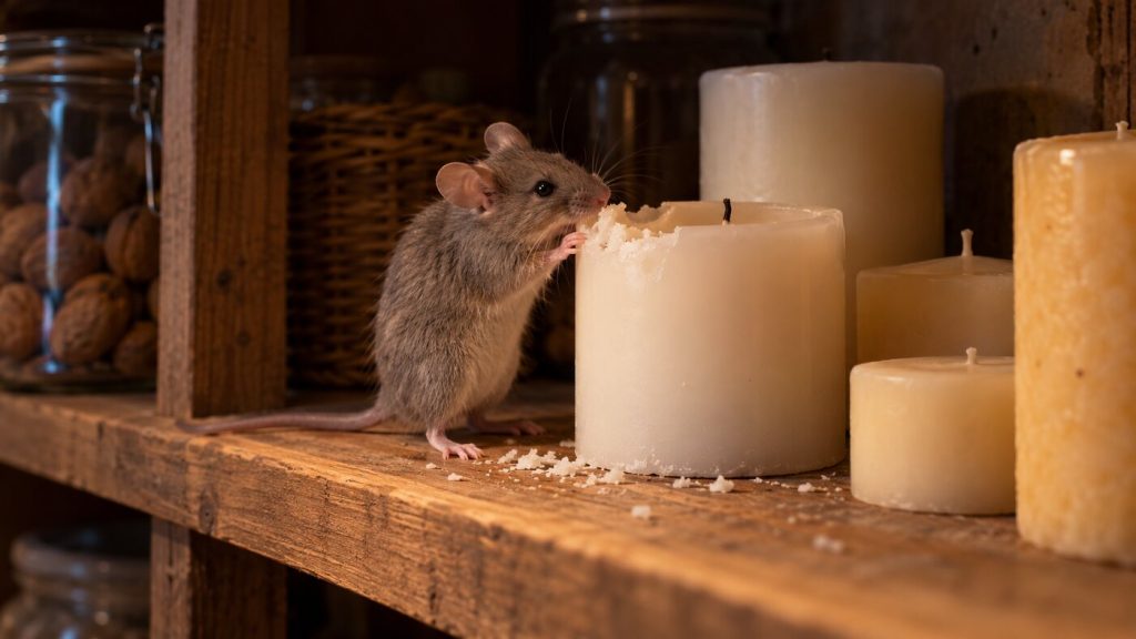 Petite souris grise qui grignote le bord d'une bougie pilier blanche sur une étagère en bois