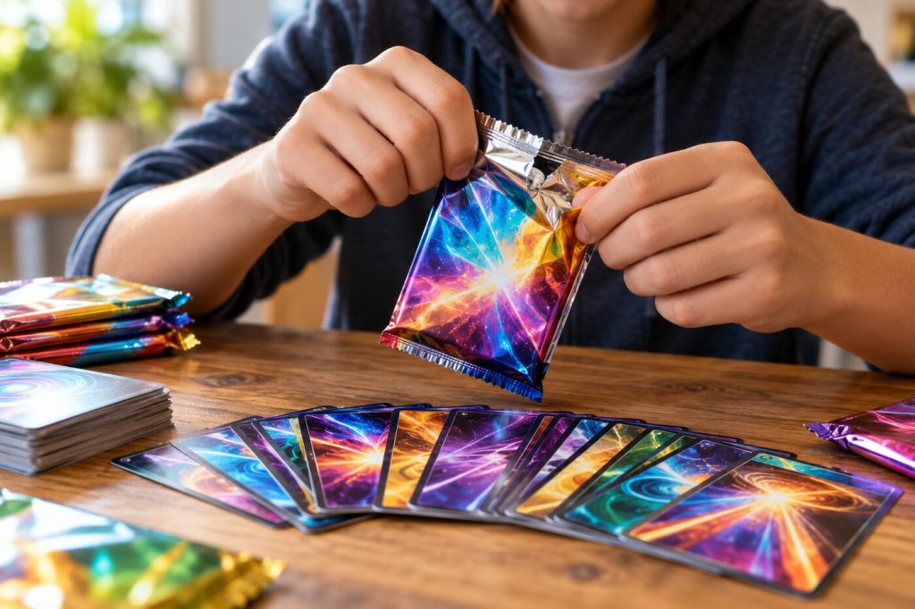 Mains d'un adolescent qui ouvrent un paquet de cartes à collectionner, cartes étalées en éventail