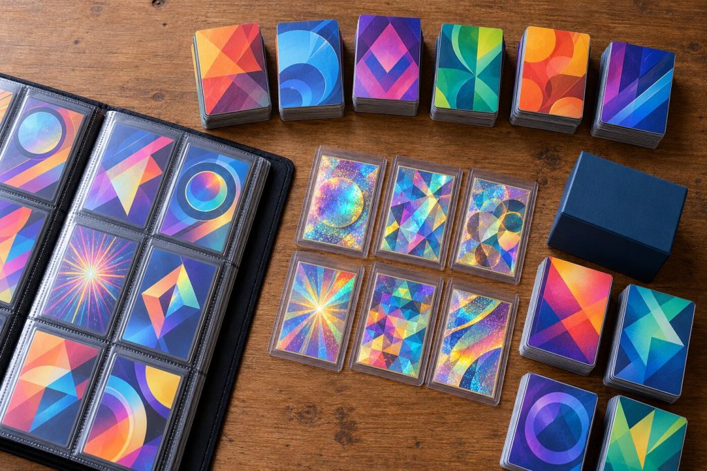 Grand tas de cartes triées en piles sur un bureau, cartes brillantes mises à part dans des protections rigides