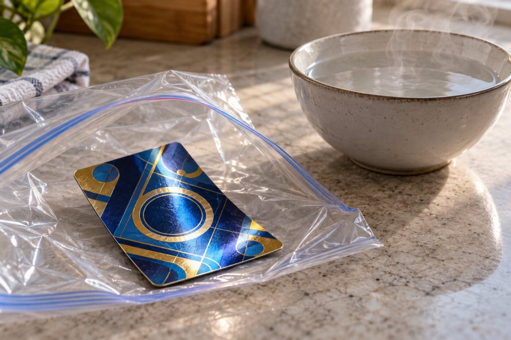 Carte légèrement courbée dans un sac de congélation ouvert, à côté d'un bol d'eau tiède