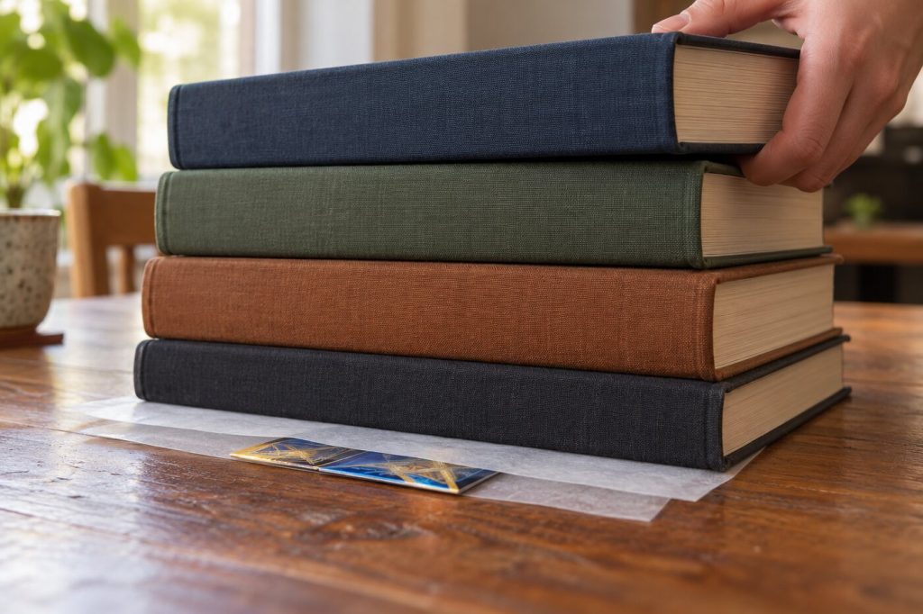 Carte placée entre deux feuilles de papier sulfurisé sous une pile de gros livres