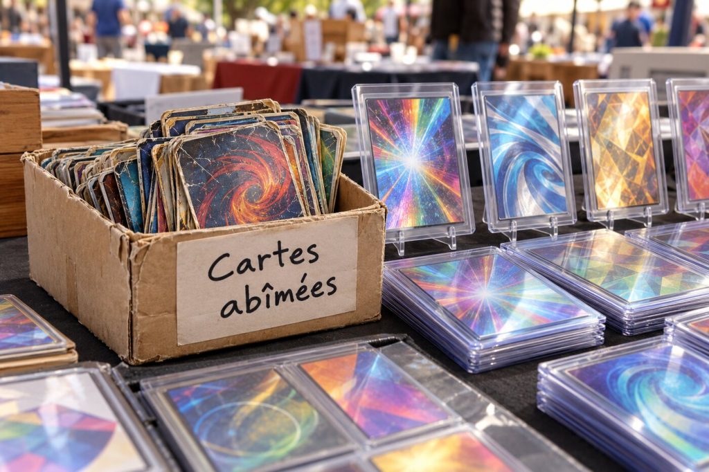 Boîte de cartes étiquetée « Cartes abîmées » à côté de cartes parfaites en protections rigides, sur une table de brocante