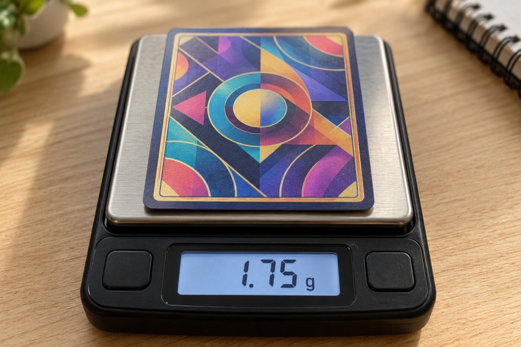Carte à collectionner posée sur une balance de précision numérique affichant 1.75 g