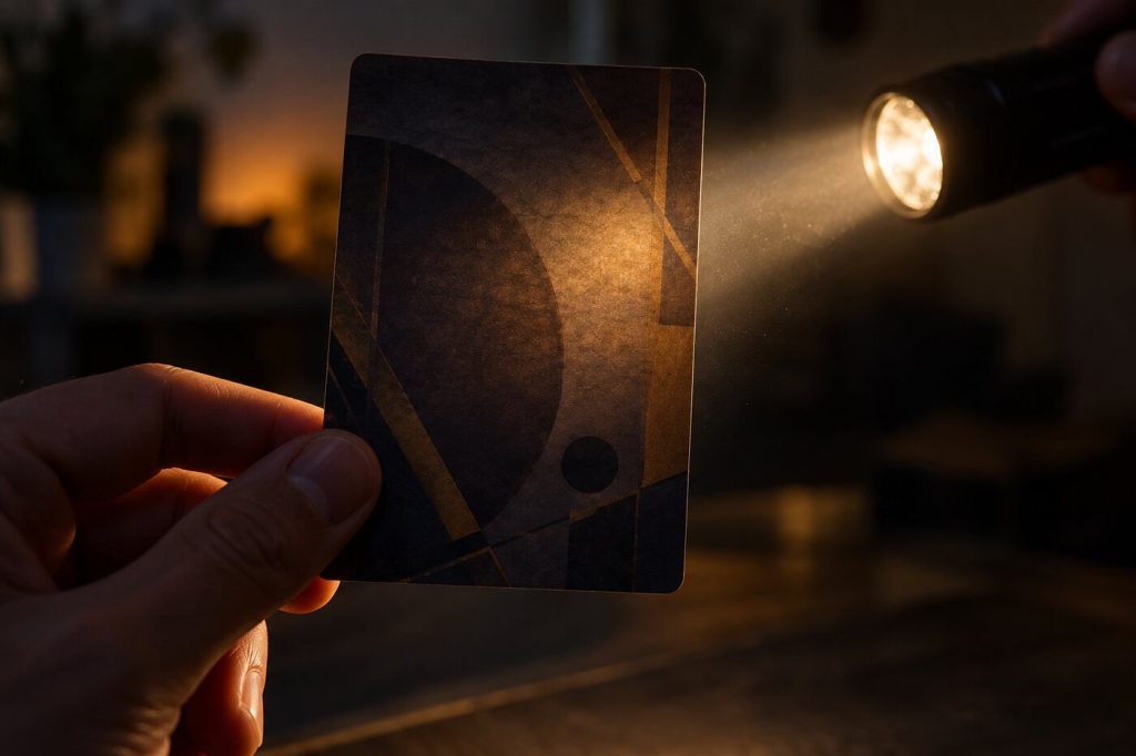 Main qui tient une carte à collectionner devant le faisceau d'une lampe torche dans une pièce sombre