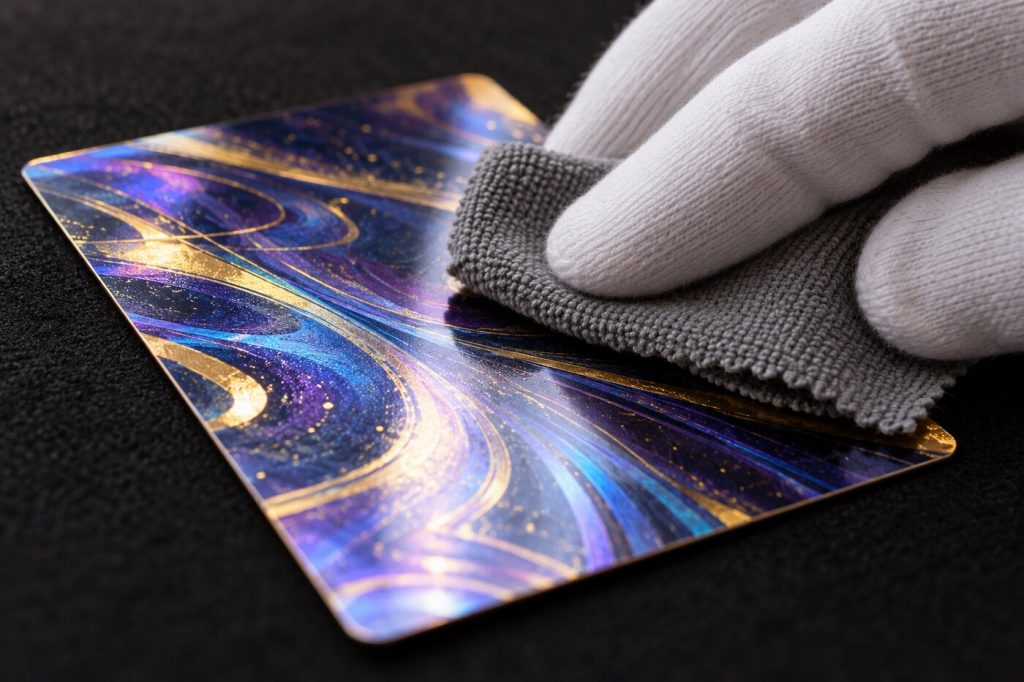 Main gantée de blanc essuyant doucement une carte générique avec un chiffon microfibre
