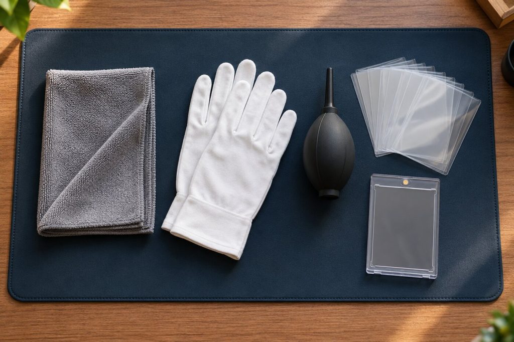 Chiffon microfibre, gants en coton blanc et carte générique posés sur un tapis propre