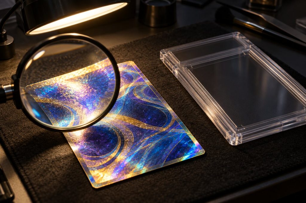 Carte générique examinée sous une lampe avec une loupe, à côté d'un boîtier de gradation vide