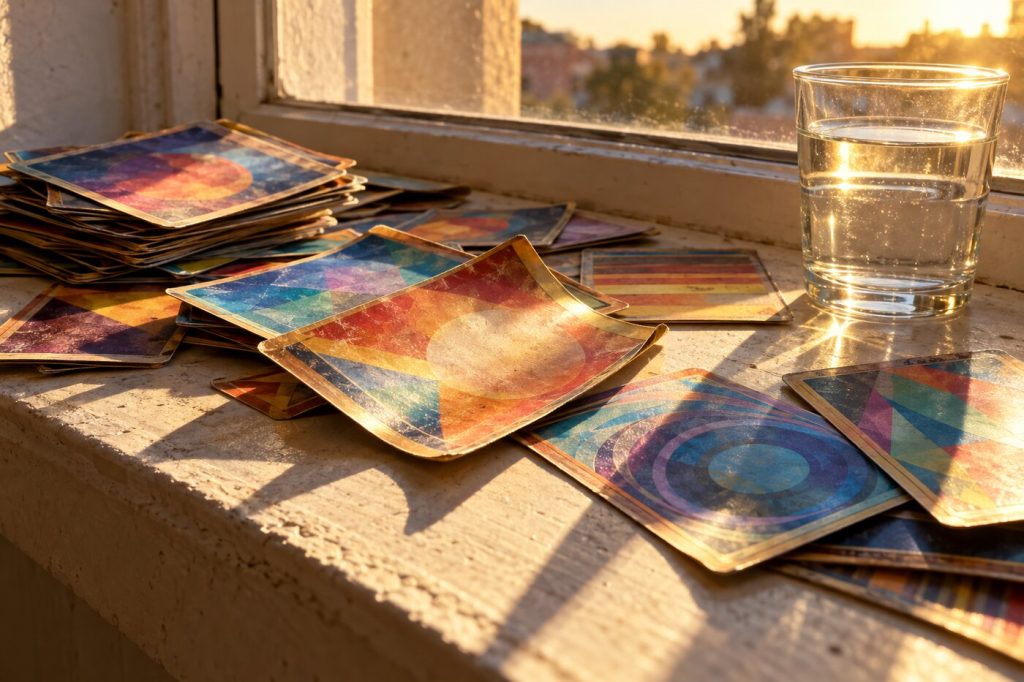 Cartes laissées en vrac au soleil sur un rebord de fenêtre, légèrement gondolées et décolorées