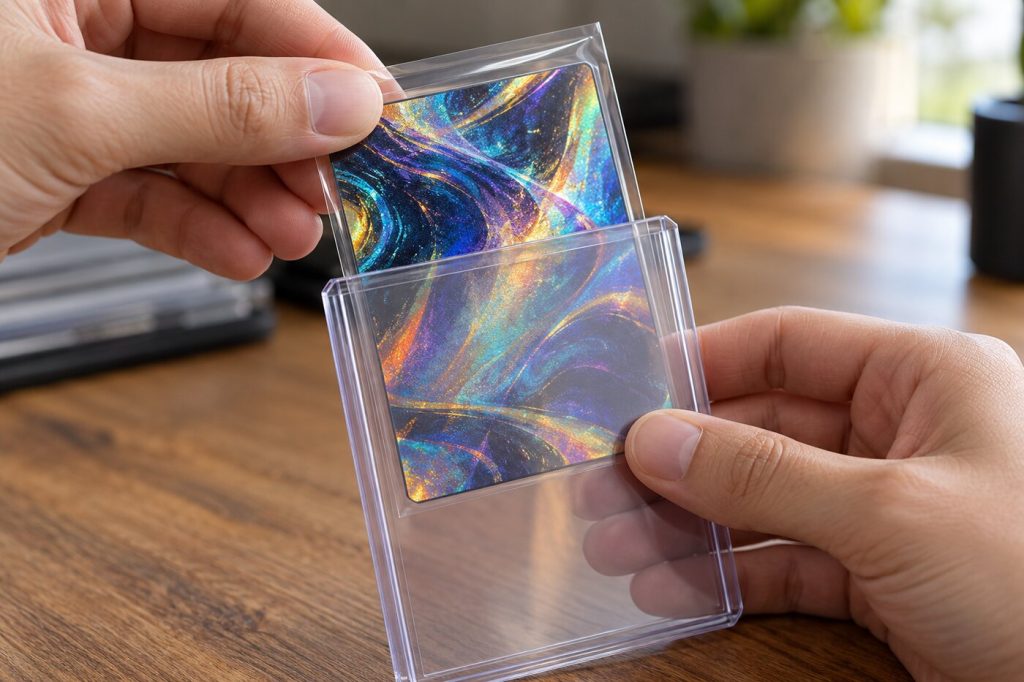 Mains qui glissent une carte en pochette souple dans une protection rigide transparente