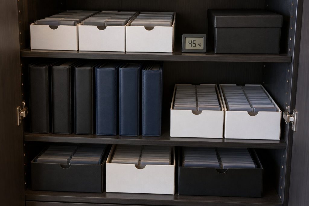 Placard sombre et sec avec des boîtes de rangement pour cartes et des classeurs debout, hygromètre à 45 %