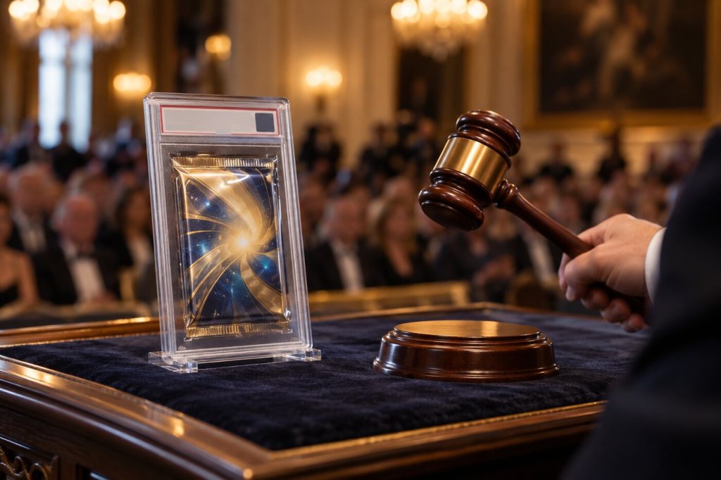 Salle de vente aux enchères avec un commissaire-priseur et un paquet de cartes scellé dans un boîtier transparent