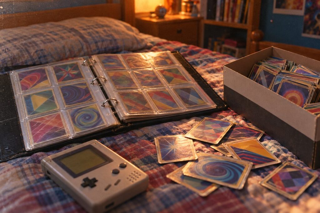 Chambre d'enfant au style rétro avec un vieux classeur de cartes et une boîte remplie de cartes