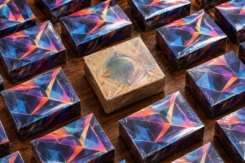Une boîte ancienne de paquets de cartes au carton jauni entourée de nombreuses boîtes modernes