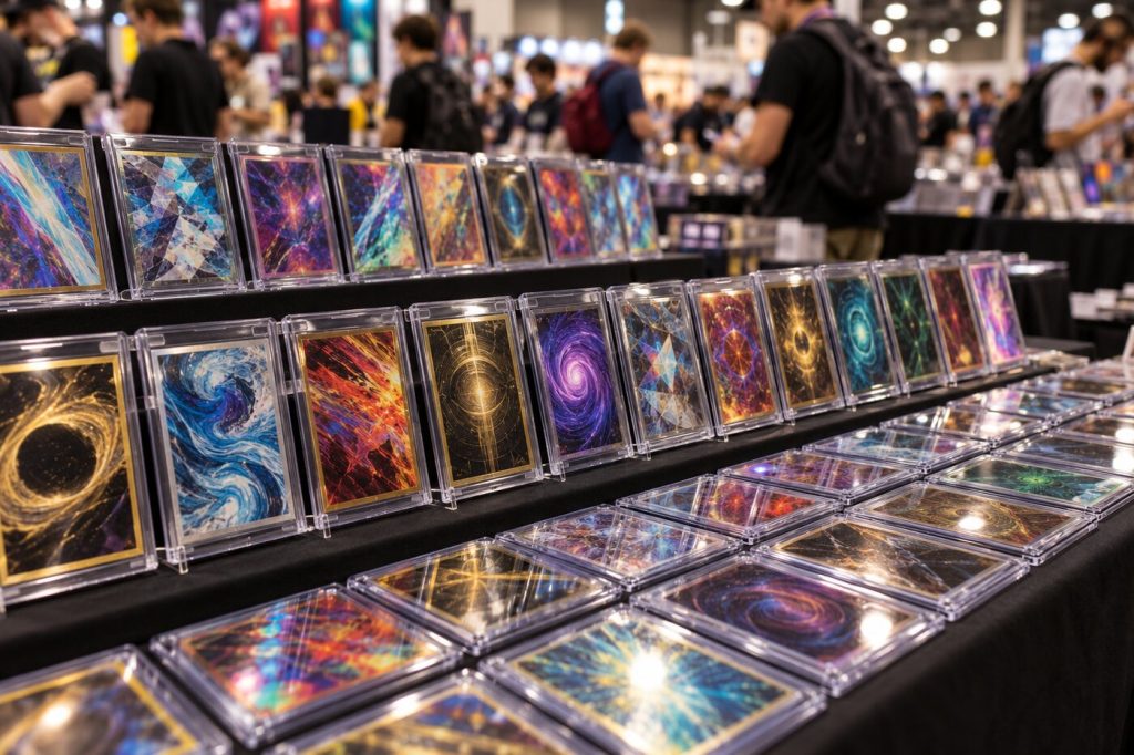 Cartes génériques en protections rigides alignées sur un stand de convention
