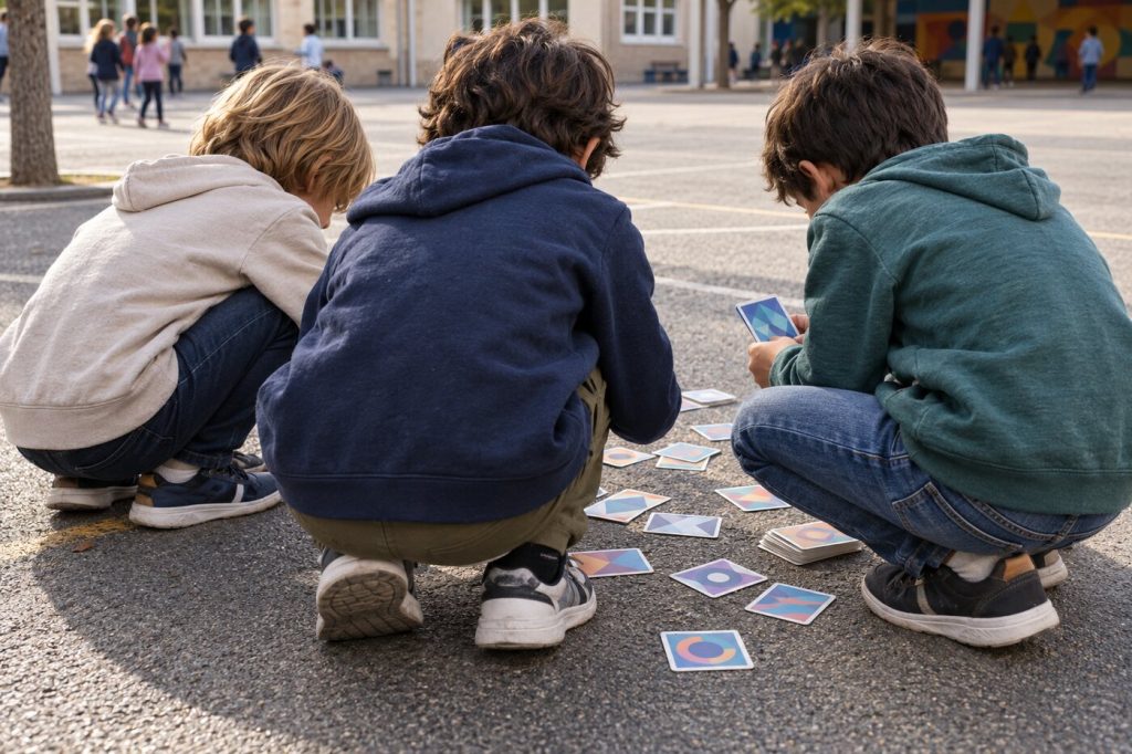 Cour de récréation avec des enfants accroupis autour de cartes à collectionner génériques