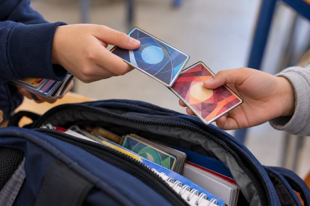 Deux mains d'enfants échangeant des cartes génériques au-dessus d'un cartable