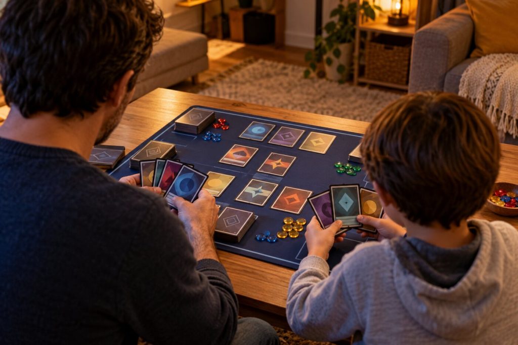 Parent et enfant jouant aux cartes génériques sur la table du salon