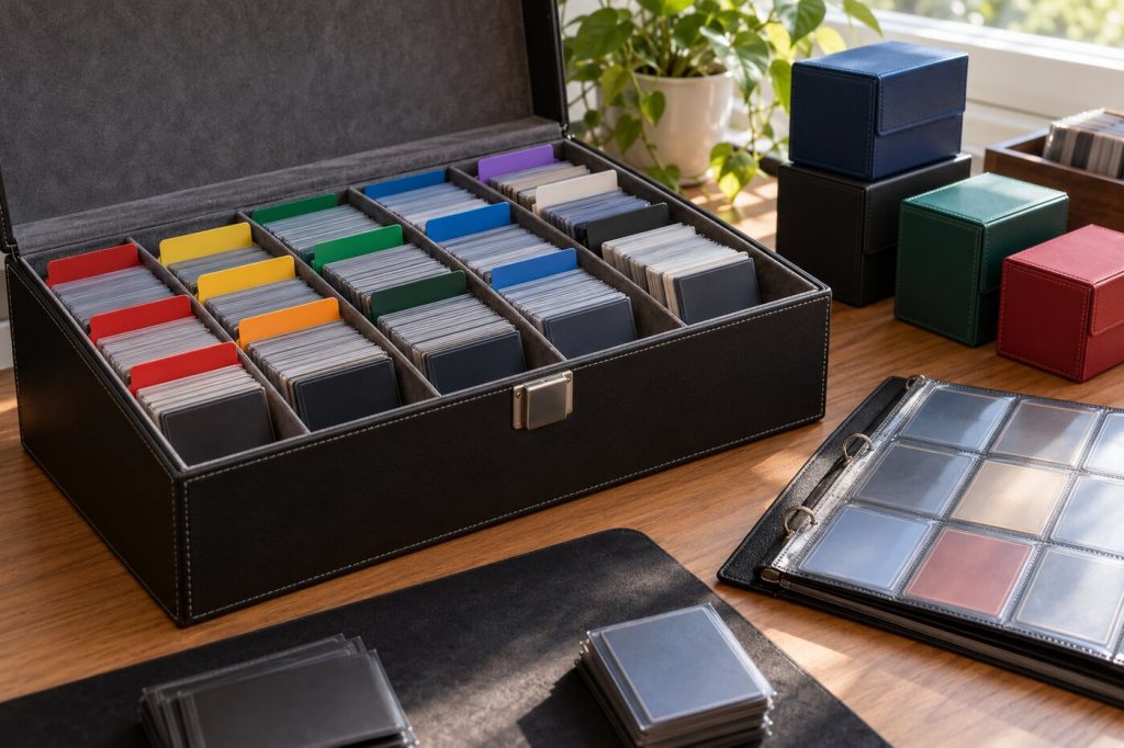 Grande boîte de rangement ouverte avec des rangées de cartes triées par intercalaires, à côté d'un classeur
