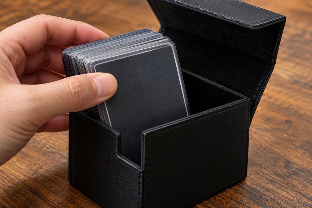 Main qui sort un paquet de cartes en pochettes d'une deck box rigide noire à couvercle magnétique