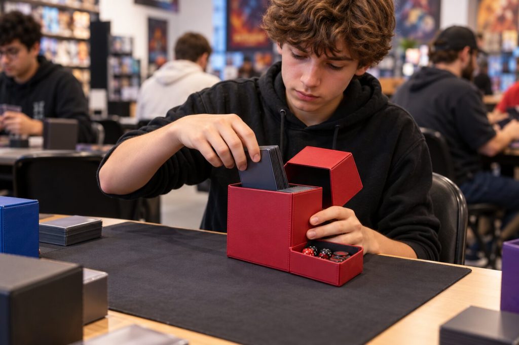 Adolescent qui range son paquet dans une deck box colorée avec compartiment pour dés à une table de tournoi