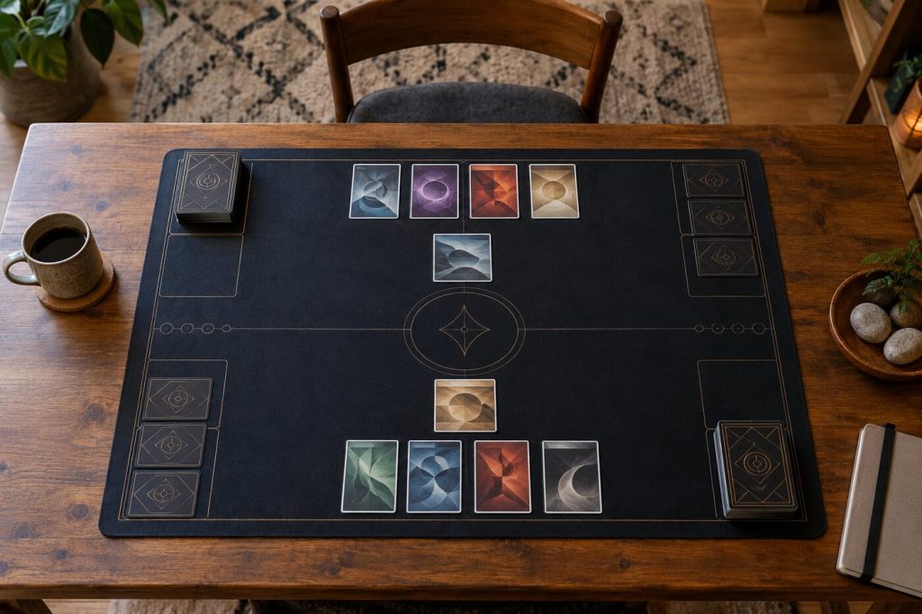 Table avec deux decks de cartes génériques face à face et un tapis de jeu, une seule chaise