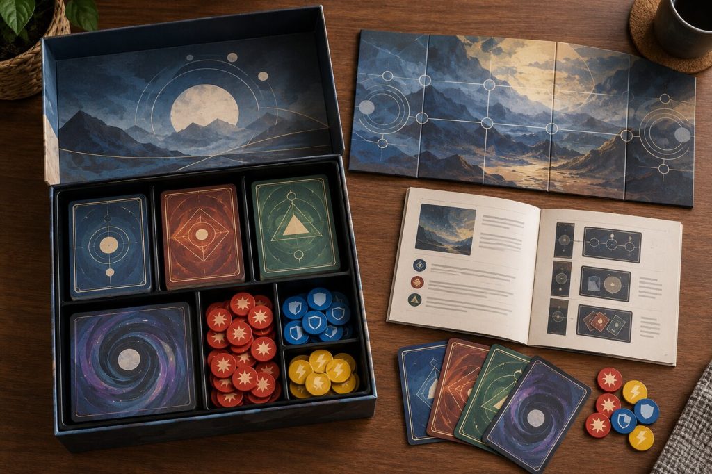Coffret de jeu de cartes générique ouvert avec decks, marqueurs de dégâts et livret de règles