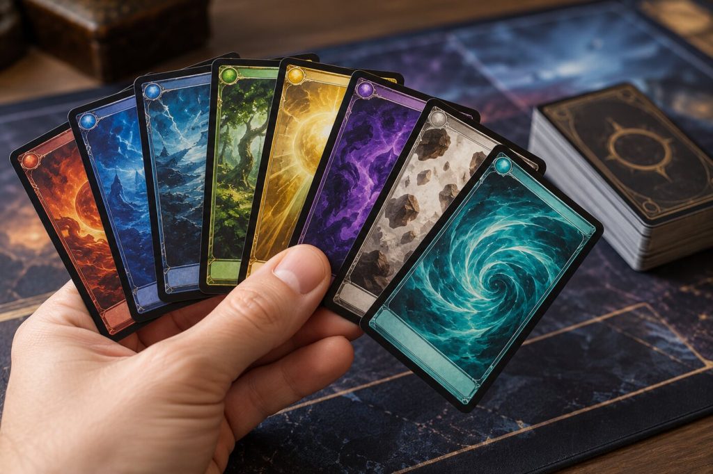 Main de sept cartes génériques étalée en éventail sur un tapis de jeu, deck à côté