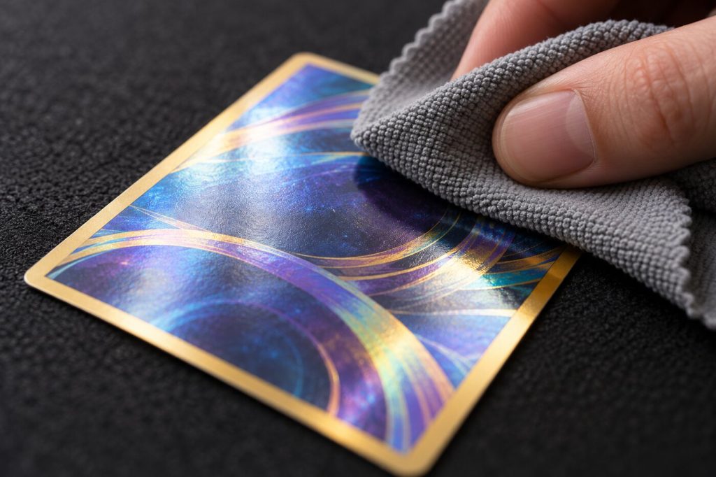 Main essuyant délicatement une carte générique avec un chiffon microfibre gris