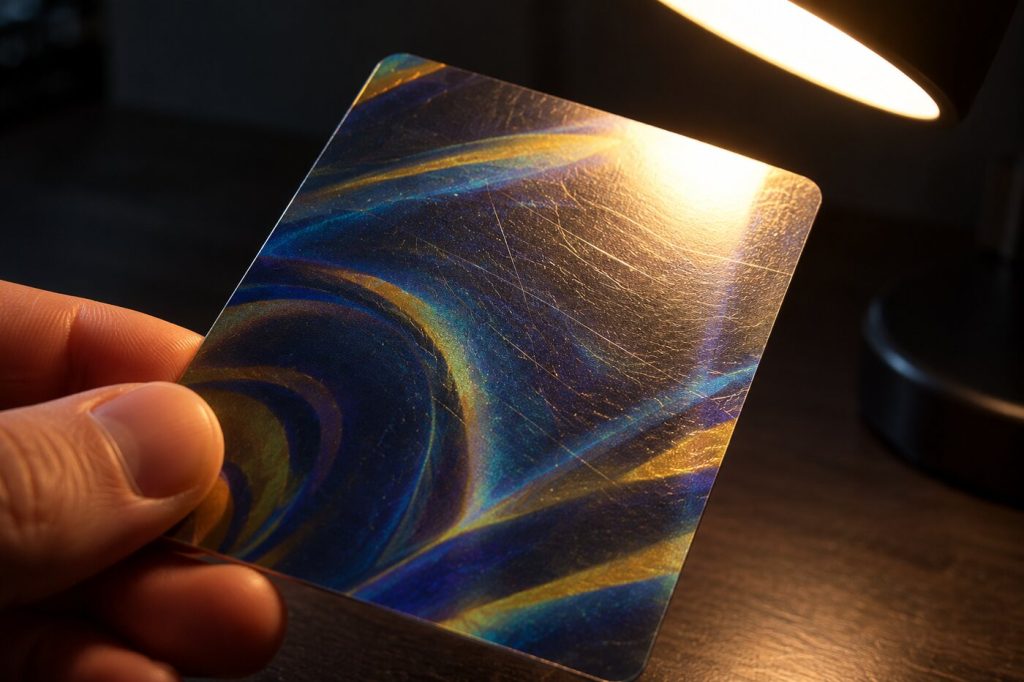 Carte brillante générique éclairée en lumière rasante qui révèle de fines rayures en surface