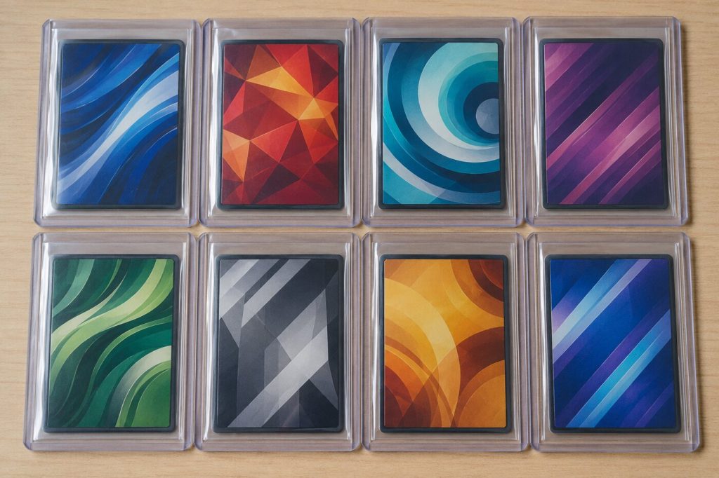 Cartes génériques glissées dans des pochettes transparentes puis dans des protections rigides